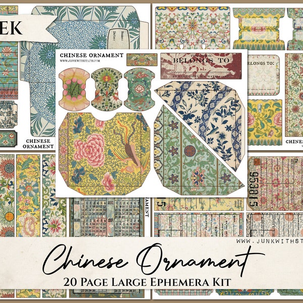 Chinese Ornament - 20 page Large Ephemera Kit - Textured Embroidered Oriental Papers Vintage Junk Journal Ephemera Envelopes Tags Blue Red