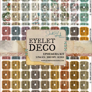 May include: A digital paper pack with 3 pages of vintage-style ticket ephemera. The tickets are in various shades of brown, yellow, and red with white text and a circle in the center. The text on the tickets reads "Pacific Company" and "Jumbo". The title of the pack is "Eyelet Deco Ephemera Kit".
