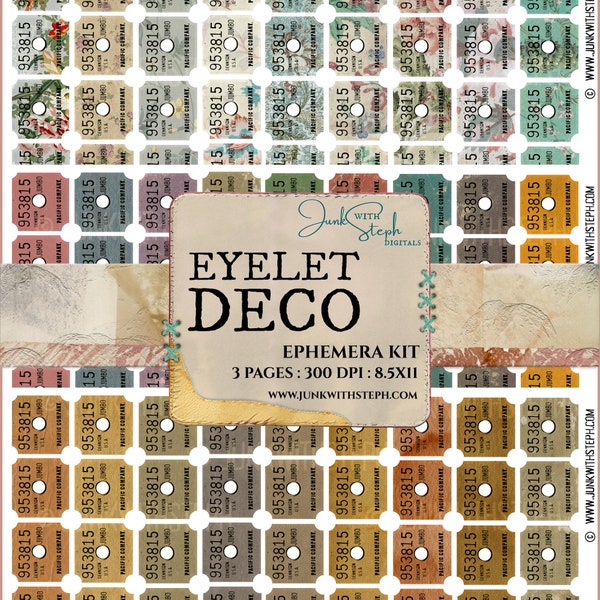 Eyelet Deco - 3 pages Ephemera kit- There are over 160 different and decorative eyelet decorations. 3 different styles and themes! tag ring