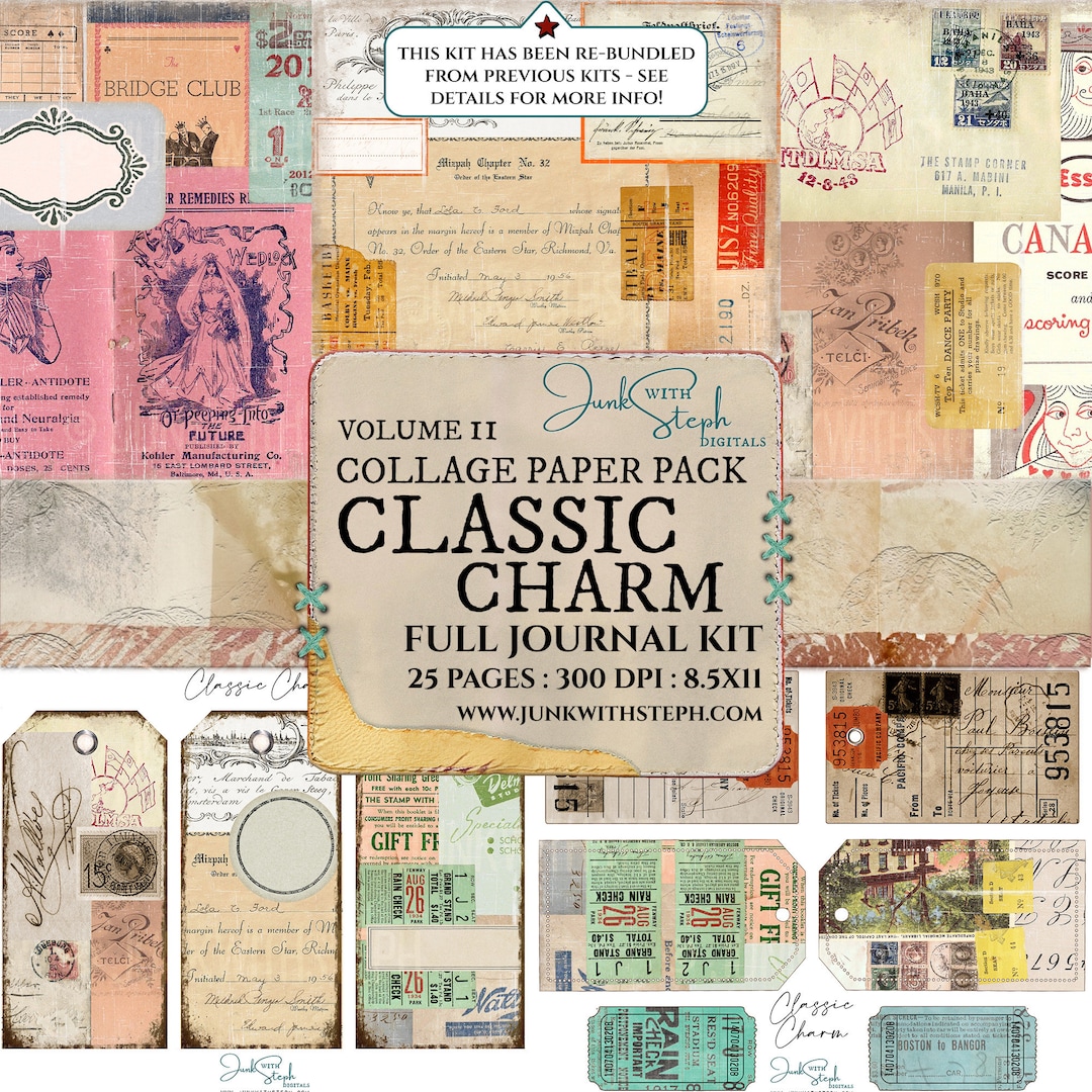 Classic Charm Junk Journal Kit: Vintage Ephemera, Collage Paper ...