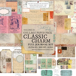 Paquete de papel para collage: vol. 11 - KIT DE DIARIO COMPLETO - Página de fondo con textura de chatarra "Classic Charm" Documento de tablero maestro Ephemera Juego de mesa retro