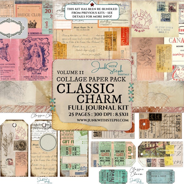 Collage Paper Pack: Vol 11 - FULL JOURNAL KIT - "Classic Charm" Textured Junk Background Page Ephemera Masterboard Document Retro Board Game