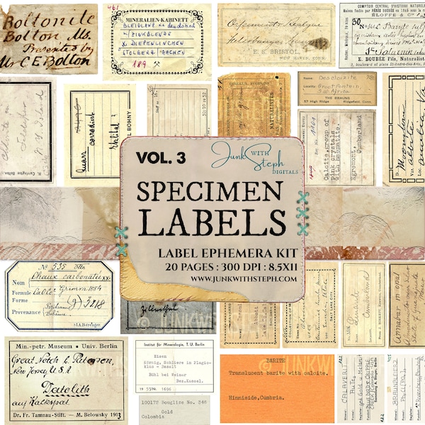 Specimen Labels - Vol. 3 with 20 pages with over 150 seperate GENUINE OLD VINTAGE labels specimen scans grunge Junk Journal Scrapbooking Etc