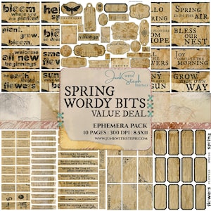 Frühlings Ephemera Kit: Junk Journal Etiketten Wörter Ephemera, Wertmarken (Digitaler Download)