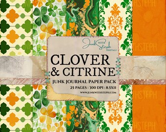 Clover & Citrine - 25 Page Dual Tone Pattern Paper Pack, St. Patricks Day Digital Printable Kit Instant Download Background Junk Journal