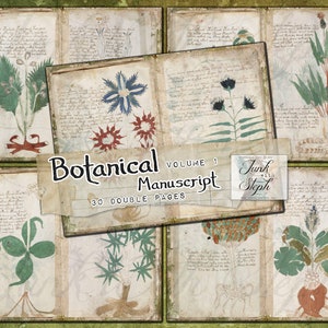 Manoscritto botanico, volume 1 - 30 doppie pagine, bellissimo kit di diario di spazzatura stampabile con illustrazioni di fiori selvatici e scritte botaniche GRUNGY