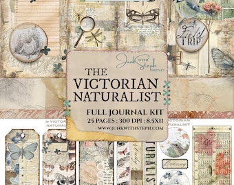 May include: A digital scrapbooking kit titled "The Victorian Naturalist" with a vintage aesthetic. The kit includes 25 pages, each measuring 8.5 inches by 11 inches, with a resolution of 300 DPI. The kit features images of butterflies, flowers, and other natural elements.