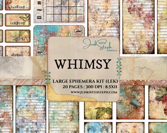 Whimsy: GROSSES Ephemera Kit - 20 Ephemera Seiten - Grunge Mixed Media Lebendiges Buntes Scrapbook Junk Journal Karteikarten Tags Umschlag