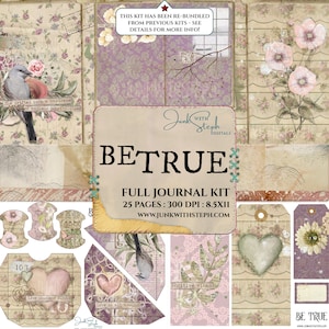 Be True - KIT DIARIO COMPLETO - Damasco con tecnica mista altamente dettagliato, rosa, viola, uccelli, floreali, texture e motivi, sfondi Junk Beautiful