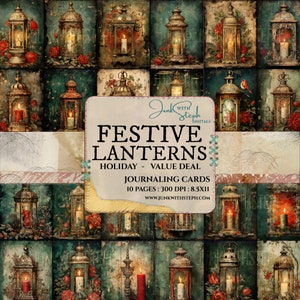 May include: A digital paper pack featuring 10 pages of festive lantern designs. The lanterns are in various styles and colours, with candles and red roses. The paper pack is 8.5 inches by 11 inches and 300 DPI. The text "Festive Lanterns" is in the centre of the image.