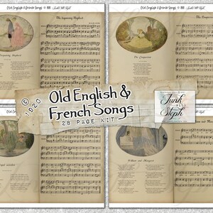 Old English + French Songs - 28 Pages Music Notes & Illustrations from 1920s Rare old Book Digital Printable Junk Journal Kit Collage Papers