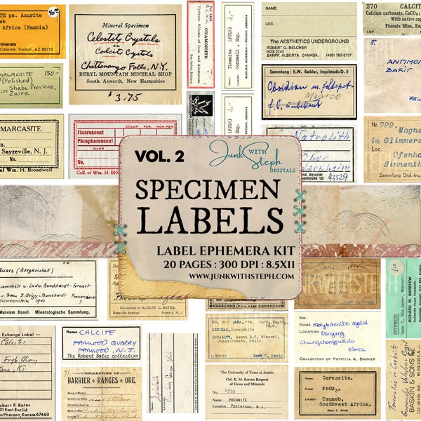 Specimen Labels - Vol.2 with 20 pages with over 150 seperate GENUINE OLD VINTAGE labels specimen scans grunge Junk Journal Scrapbooking Etc