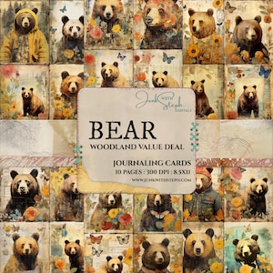 Woodland DEAL - OURS -10 pages de carte de journalisation technique mixte collage portrait carte éphémère indésirable journal scrapbooking animaux floraux