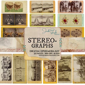 May include: A selection of vintage stereograph cards and ephemera. The cards display diverse images, such as cats, landscapes, and floral arrangements. The central image has the text "STEREO-GRAPHS" and "DIGITAL EPHEMERA KIT".