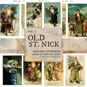 Old St. Nick - Set 3 - 20 páginas de imágenes de Papá Noel antiguas, postales, portadas de diario, diarios basura navideños, perfectos para hacer tarjetas navideñas
