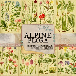 Flora alpina: Ilustración de flores silvestres, paquete de papel para notas de campo estilo Edith Holden (descarga digital)