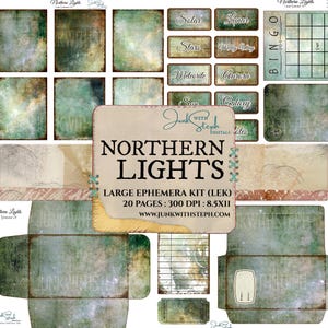 Nordlicht: GROSSES Ephemera Kit - 20 Ephemera Seiten mit Sternengalaxie Themen für Junk Journal Crafting Scrapbooking Tickets Umschläge