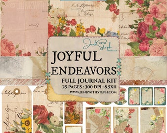 Joyful Endeavors - FULL JOURNAL KIT -Vintage Document Flower Botanical Floral Rose Script Stamp Grunge Textured Junk Journal Background Page