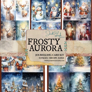 Frosty Aurora - 15 Seiten Vintage Festive BLUE Journal Porträtkarten 60 verschiedene und einzigartige fröhliche fröhliche Feiertagsephemera schneebedeckte Weihnachten