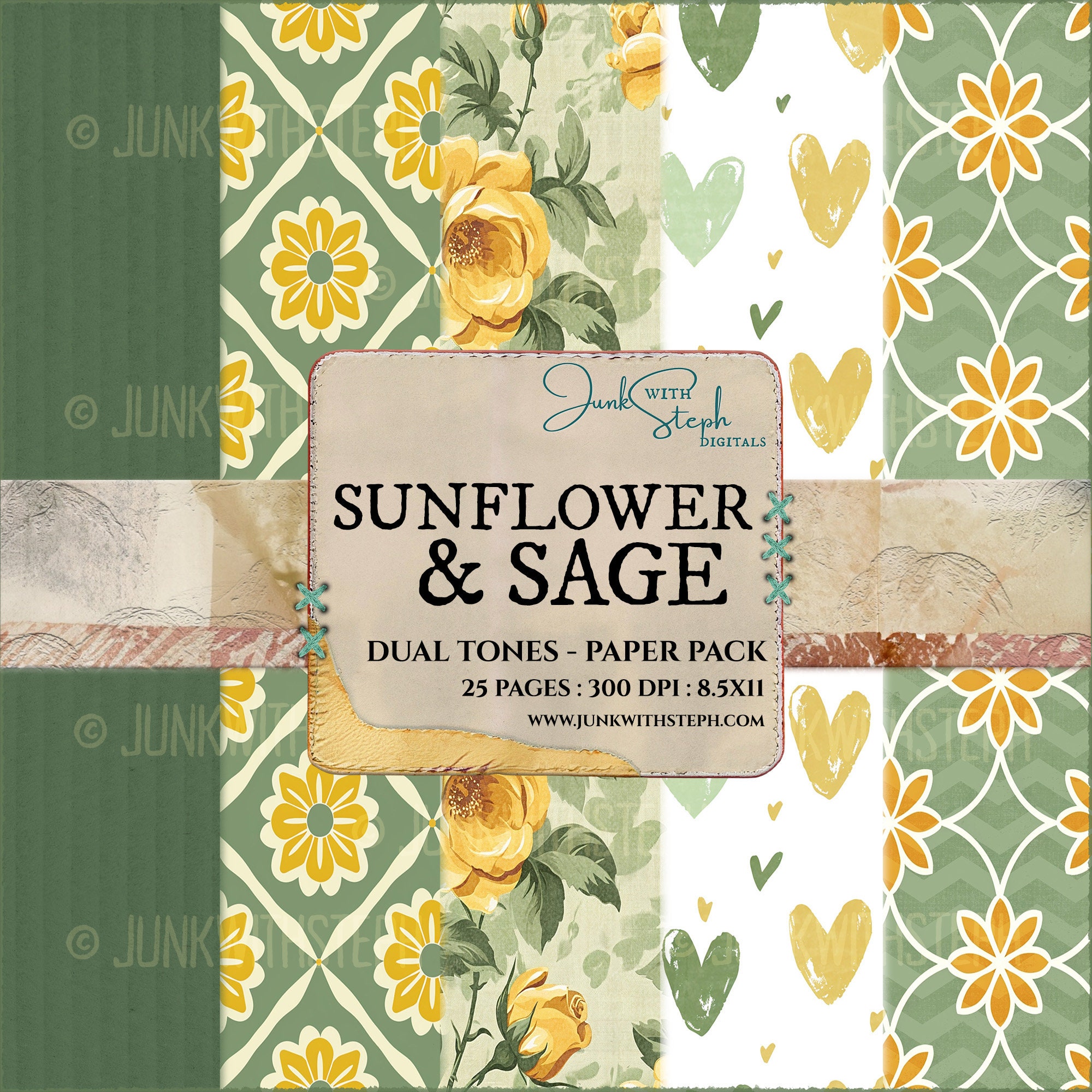 Sunflower & Sage - 25 Page Dual Tone Pattern Paper Pack
