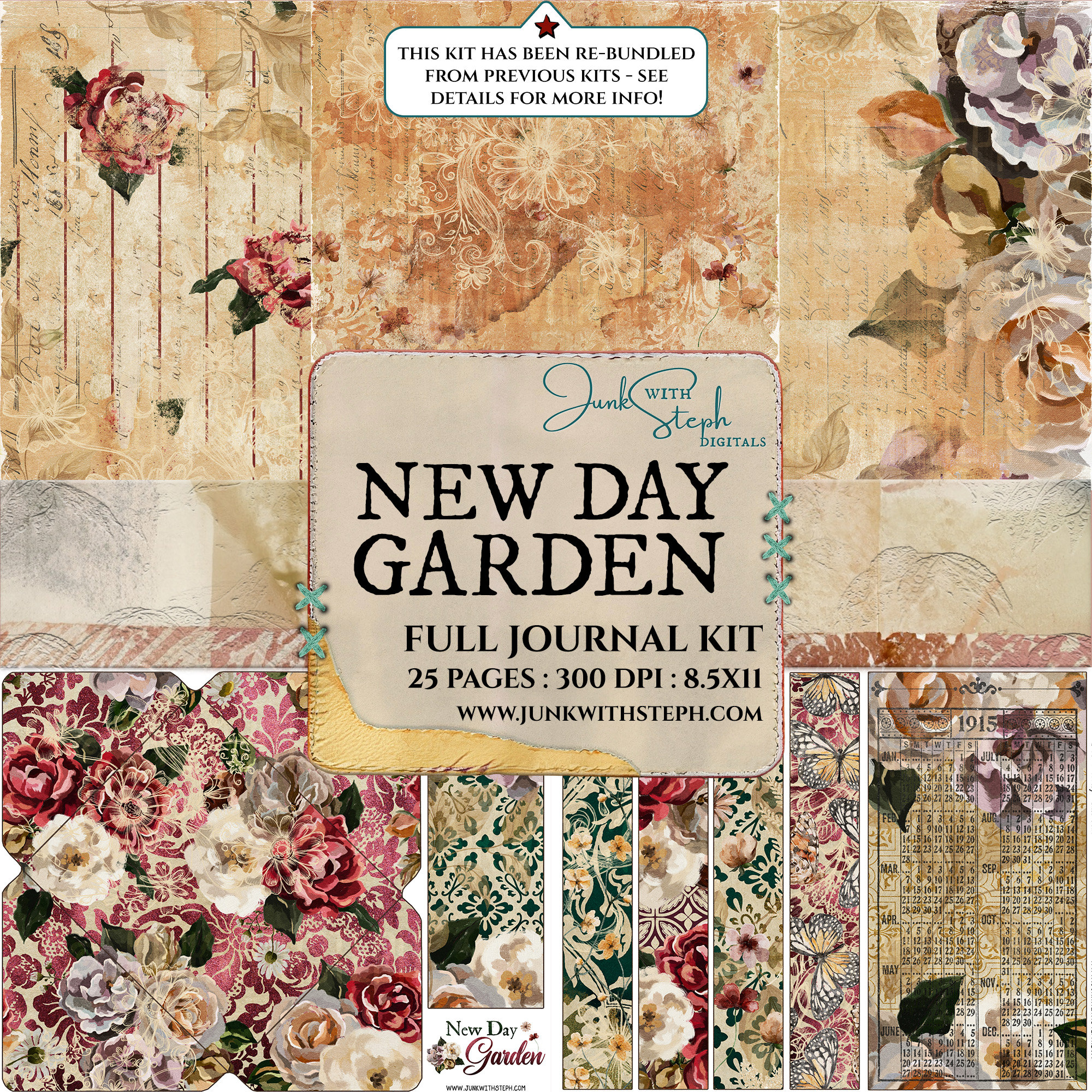 バーガンディフローラルジャンクジャーナルキット：ダマスク、蝶、花