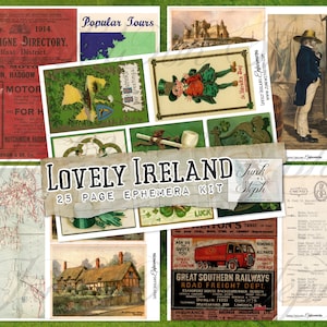 Adorável Irlanda Ephemera - 25 páginas cheias de cartões postais, fotos, imagens únicas, lindos diários de lixo, artesanato em papel, scrapbooking