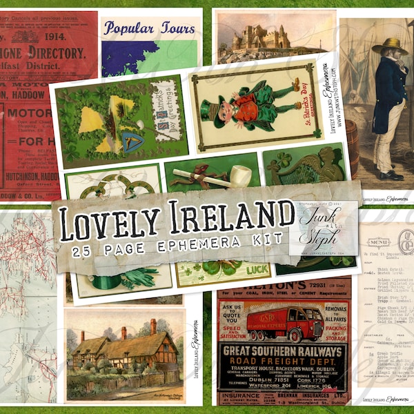 Lovely Ireland Ephemera - 25 Pages full of Postcards, Photos unique images Beautiful Focal Point Junk Journals Paper Crafting Scrapbooking