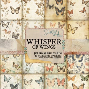 Murmure d'ailes - Kit éphémère de 20 pages, comprenant de magnifiques images florales de papillons, des cartes de journalisation pour le scrapbooking, un journal botanique