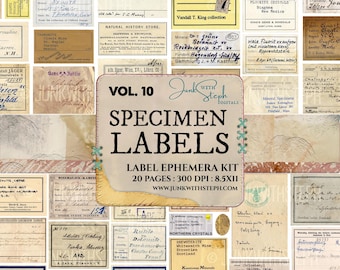 Könnte beinhalten: Eine Collage aus Vintage-Probenetiketten mit handschriftlichem Text und gealterten Papierstrukturen. Das zentrale Etikett lautet "Vol. 10 Specimen Labels" mit Details zum "Label Ephemera Kit". Enthält Mineralnamen und -orte.