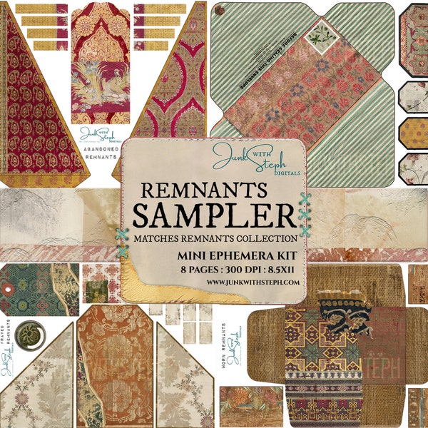 VALUE DEAL - Remnants Sampler - 8 Seiten EPHEMERA Stoffcollage antiker Gobelin Ephemera Umschlag Einhängerchen Taschen Junk Journal Scrapbook