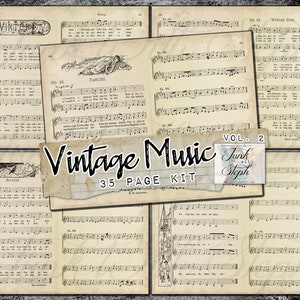 Música antigua v.2 - 35 páginas Notas musicales e ilustraciones de 1897 Libro antiguo raro Kit de diario basura imprimible digital Papeles de collage especiales