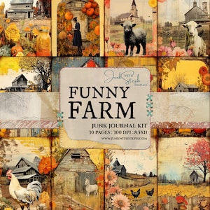 May include: A digital collage of 30 pages featuring a farm theme. The collage includes images of farm animals, barns, and autumn foliage. The title "Funny Farm" is displayed in the centre of the collage. The text "Junk Journal Kit" is displayed below the title. The text "30 Pages: 300 DPI: 8.5x11" is displayed below the title. The text "www.junkwithsteph.com" is displayed below the title.