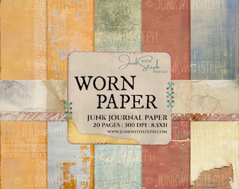 May include: A digital paper pack with 20 pages of worn paper textures in various colors, including orange, yellow, blue, green, and red. The paper pack is 8.5 inches by 11 inches and 300 DPI. The text "Worn Paper" is displayed in a white box with a stitched border.