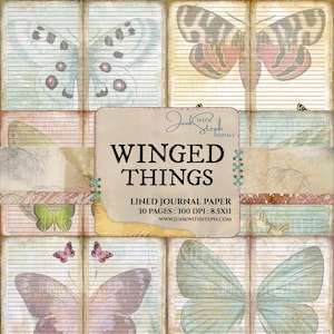 Winged Things: Lined Paper Pack Butterfly Vintage Colorful Junk Journal Pages (Digital Download)