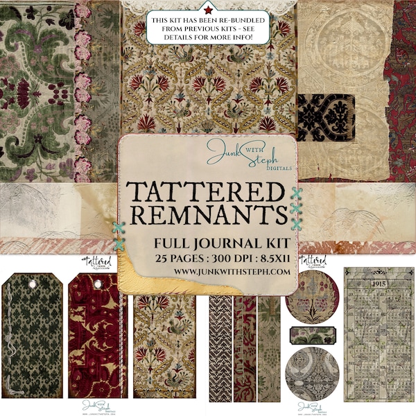 Tattered Remnants - FULL JOURNAL KIT - Highly detailed Antique Old Fabric Embroidered Stitched Textured & Patterned Background Junk Collage