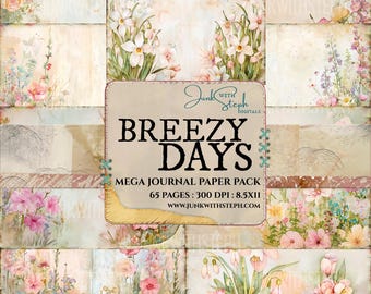 May include: A digital paper pack with 65 pages of floral designs. The pack includes a variety of flowers, including daffodils, tulips, and roses. The papers are perfect for scrapbooking, card making, and other paper crafts. The pack is titled "Breezy Days" and is by Junk With Steph Digitals.