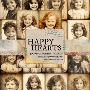 Happy Hearts - 15 páginas de cartões de diário com retratos antigos, fotos doces de crianças sorridentes, itens vintage, scrapbooking
