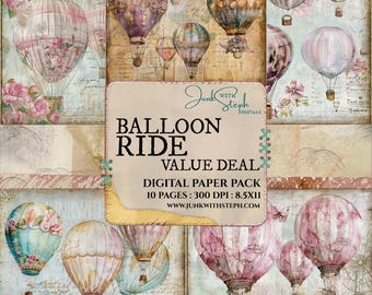 Balloon Ride: Paquete de papel floral shabby chic con descuento para Junk Journal (descarga digital)