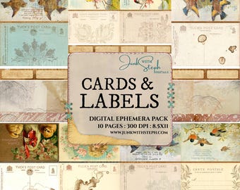 Cards & Labels: Vintage Postcards and matching tiny labels Ephemera Junk Journal Paper (Digital Download)