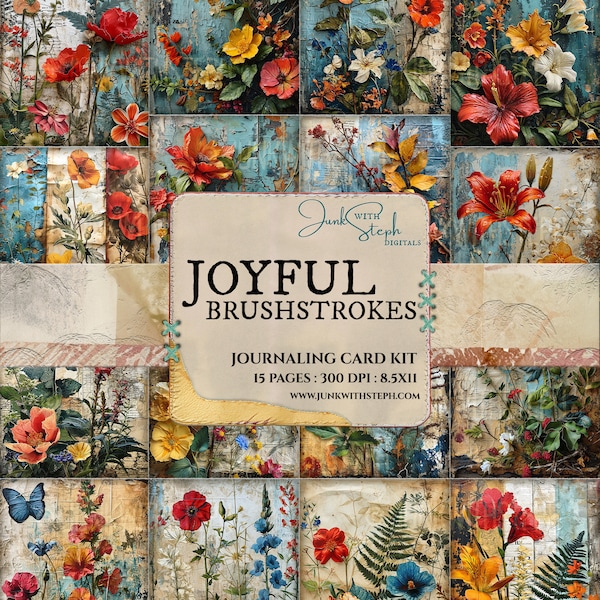 Joyful Brushstrokes - 15 Pages of Journaling Card mixed media portrait card ephemera junk journal scrapbook Flowers Red Thick Paint Gesso