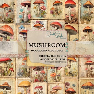 Woodland DEAL - CHAMPIGNON -10 pages de carte de journalisation technique mixte collage portrait carte éphémère indésirable journal scrapbooking champignons floraux