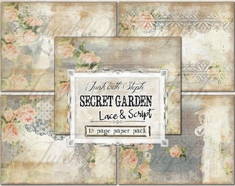 Secret Garden - Lace & Script Paper Pack: 15 Pg. Farbe Textur Muster Hintergrund SOFORTIGER Download Printable Junk Journal Seite für Scrapbook