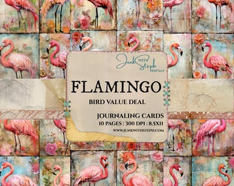 Bird DEAL - FLAMINGO -10 Pages of Journaling Card mixed media collage vibrant portrait card ephemera junk journal scrapbook floral Pink