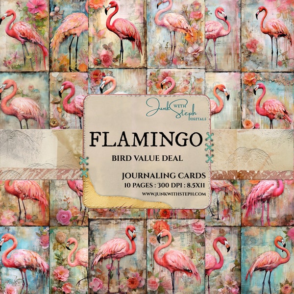 Bird DEAL - FLAMINGO -10 Pages of Journaling Card mixed media collage vibrant portrait card ephemera junk journal scrapbook floral Pink