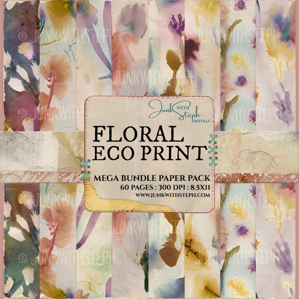 Floral Eco Print - 60 Page MEGA BUNDLE PAPER pack - Vintage Botanical Pansy Blush Romantic Textured and Patterned Handmade Scan Background