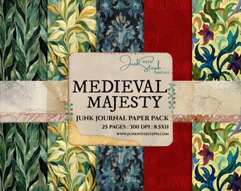 Medieval Majesty - 25 Page Journal Paper Pack Digital Printable Kit Instant Download Background Junk Journal Art Deco Red Blue Green Yellow