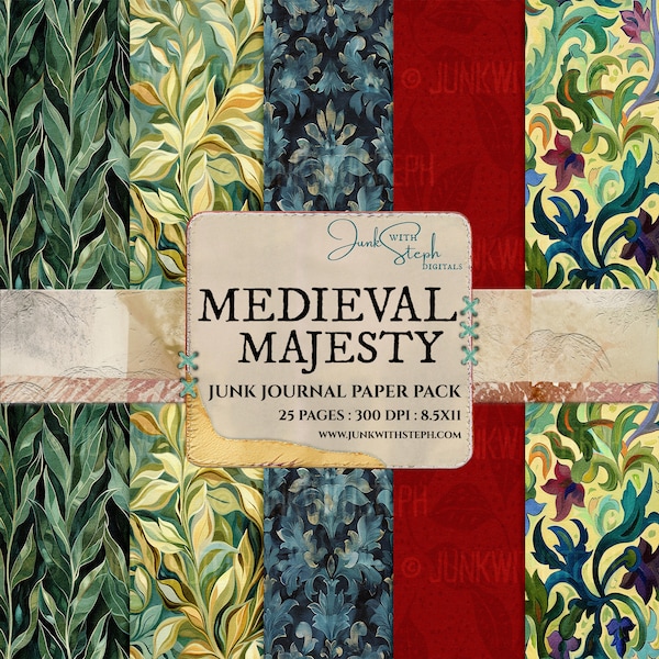 Medieval Majesty - 25 Page Journal Paper Pack Digital Printable Kit Instant Download Background Junk Journal Art Deco Red Blue Green Yellow