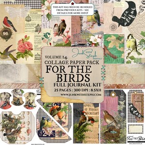 Pakiet papieru kolażowego: tom 14 - PEŁNY ZESTAW DO DZIENNIKA - „Dla ptaków” Teksturowana strona tła śmieci Ephemera Masterboard Vintage Bird Nature Floral