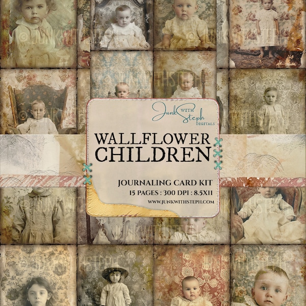 Wallflower Children Portraits- 15 Pages of Journaling Cards featuring antique Victorian Grungy 1900s vintage ephemera junk journal scrapbook