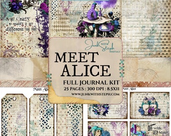 Meet Alice - FULL JOURNAL KIT - Highly detailed Vintage Wonderland Queen of Hearts Blue Textured Mixed Media Pattern Background Junk Journal